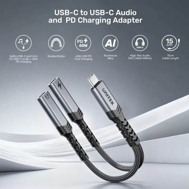 Unitek USB-C audio a nabíjací adaptér s 60W Power Delivery, 15 cm, Space Grey
