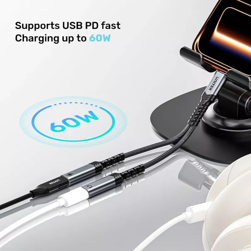 Unitek USB-C audio a nabíjací adaptér s 60W Power Delivery, 15 cm, Space Grey