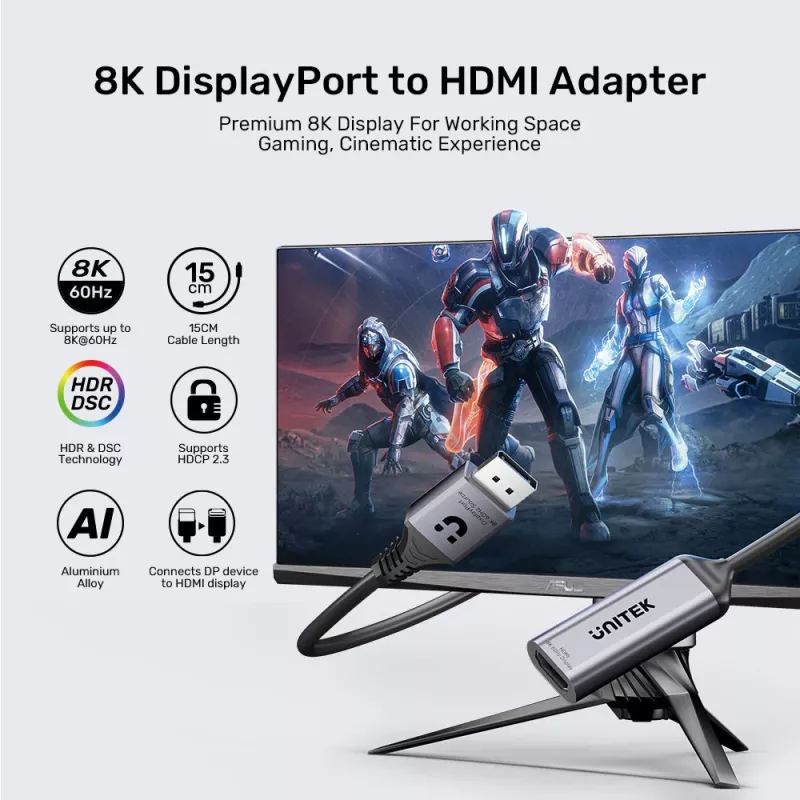 UNITEK DisplayPort na HDMI 2.1 adaptér 8K@60Hz HDR 48Gbps 15cm