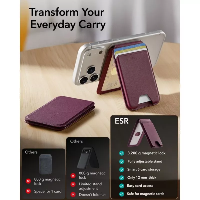 ESR Classic RFID magnetická peňaženka stojan MagSafe tmavá burgundská