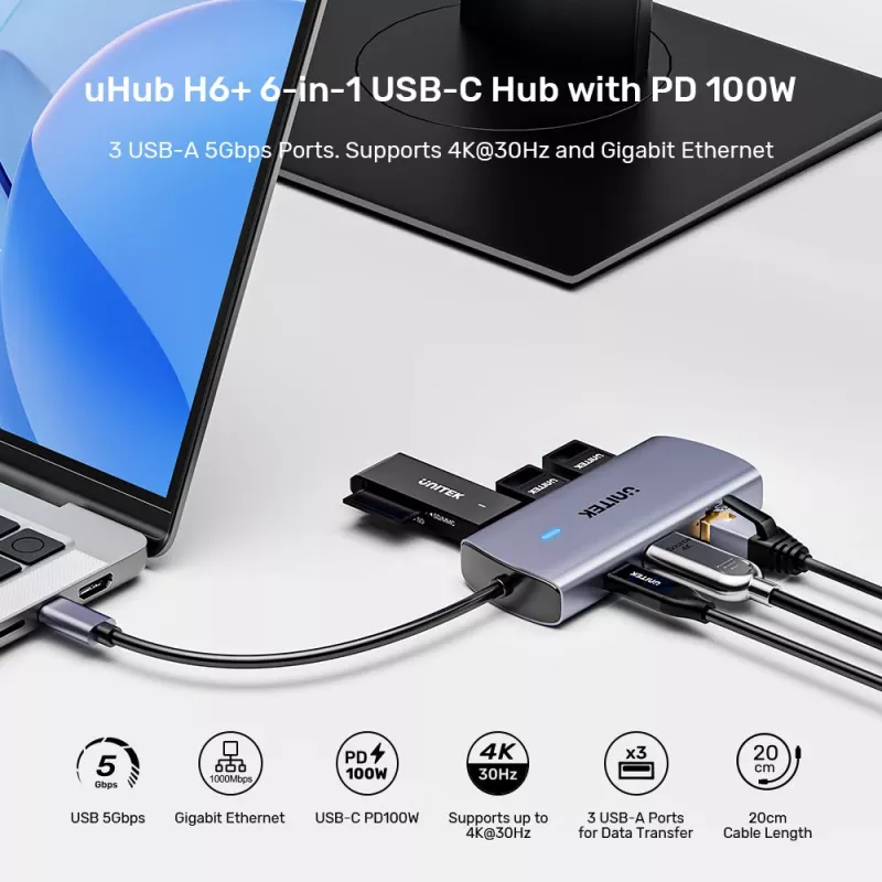 UNITEK USB-C 6-in-1 multiport hub | 3x USB-A 5Gbps | PD 100W | HDMI 4K@30Hz | RJ45 Gigabit Ethernet | Space Grey