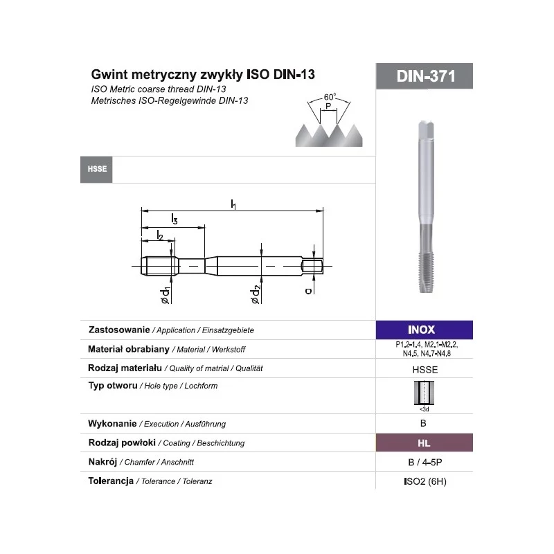 M10 strojný závitník DIN 371B 6H HSSE-PM HL INOX pre nerezovú oceľ