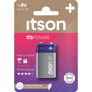 ITSON 6LR61IPO/1CP alkalická 9V batéria (6LR61, PP3, 1 balenie) – bez ortuti, 5 rokov skladovateľnosti