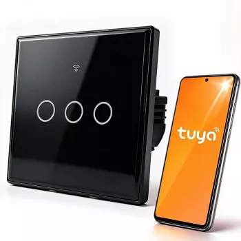 Qoltec 52713 Smart Touch svetelný spínač 3-násobný Wi-Fi Timer Tuya Smart Life tvrdené sklo čierna