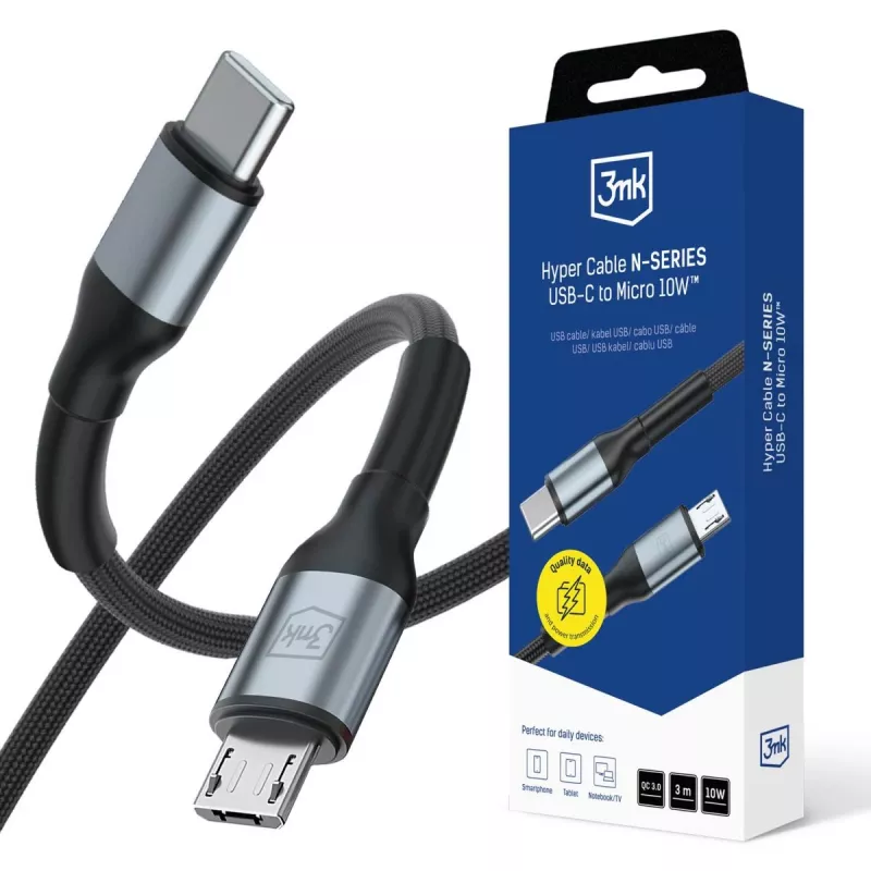 3mk Hyper Cable N-SERIES USB-C na Micro-USB 3m QC 3.0 10W čierna