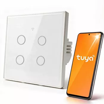 Qoltec 52718 Smart Touch 4-kanálový Wi-Fi svetelný vypínač s časovačom, Tuya/Smart Life, tvrdené sklo, biela