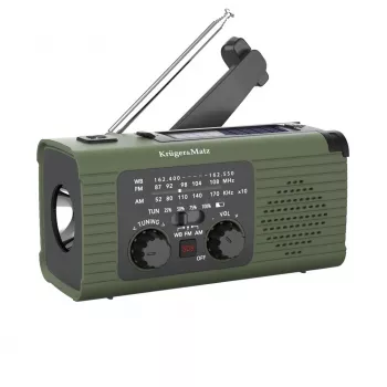 Kruger&Matz KM0836 solárne núdzové rádio s SOS, 5000 mAh powerbank, baterkou a dynamom