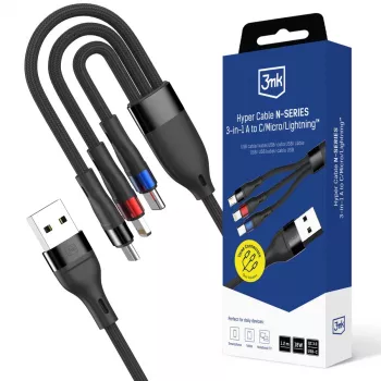3mk Hyper Cable N-SERIES 3-in-1 USB-A na USB-C/Lightning/MicroUSB 1,2m 9V/2A 18W čierna