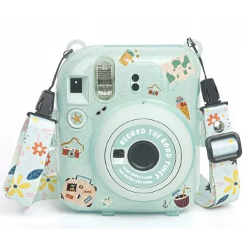 LOVEINSTANT ochranné puzdro pre Fujifilm Instax Mini 12 s nálepkami a fototaštičkou - zelený trblietavý