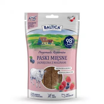 BALTICA Mäsové prúžky jahňacie s malinami – bezobilná psia pochúťka – 90 g