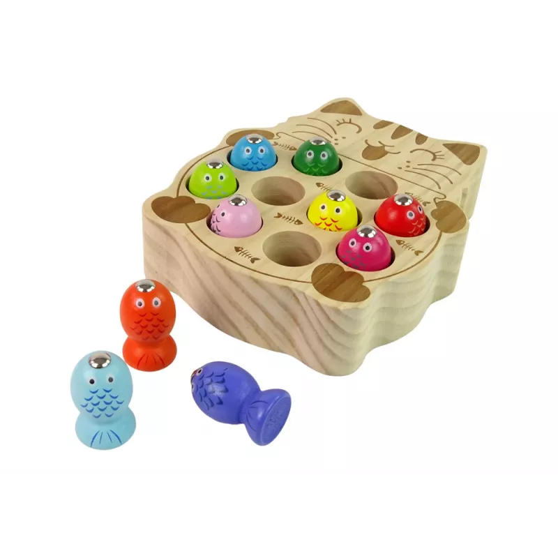 LEAN TOYS drevená hra rybolov s 2 rybárskymi prútmi mačiatko