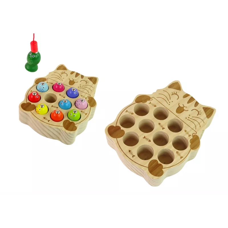 LEAN TOYS drevená hra rybolov s 2 rybárskymi prútmi mačiatko