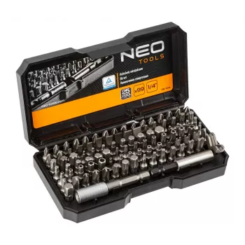 NEO TOOLS 99-dielna sada skrutkovacích bitov s rukoväťou, S2 oceľ, 1/4