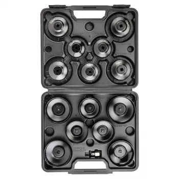 NEO TOOLS sada nástrčných kľúčov na olejové filtre 16-dielna (65-100 mm, pohon 3/8 palca, miskový typ, viacnásobné použitie, oceľ, plastový kufrík)