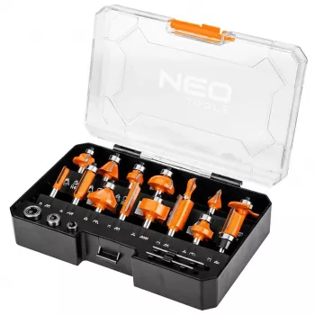 NEO TOOLS 15-dielna sada fréz z tvrdokovu s stopkou 8 mm v drevenom kufríku