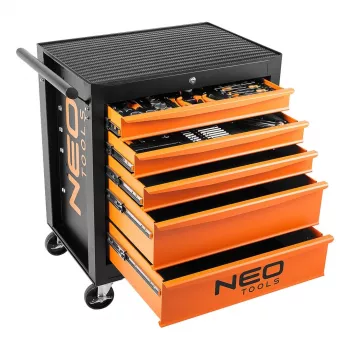 NEO TOOLS dielenská skriňa, 5 zásuviek + 117 nástrojov, guličkové vedenia zásuviek, centrálne zamykanie, statické zaťaženie 400 kg, čierna