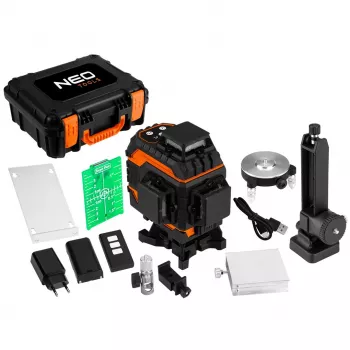 NEO TOOLS 75-140 3D laserový nivelačný prístroj, 12 zelených línií, 3 x 360°, nabíjateľný, s prenosným kufríkom, cieľovou doskou, magnetickým uchytením, nabíjačkou