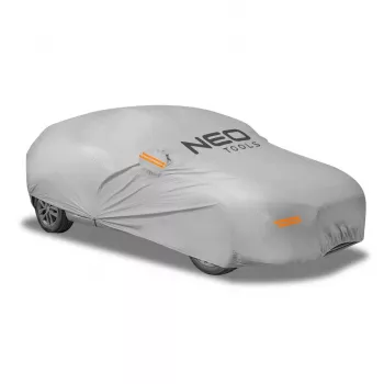 NEO TOOLS viacvrstvová vodoodolná plachta na auto XL, 2-vrstvová PEVA, UV ochrana, elastický lem, upevňovacie popruhy, sivá