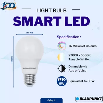 Blaupunkt E27 9W Smart LED žiarovka A60 – Tunable White & RGB, Wi-Fi, Alexa/Google Assistant