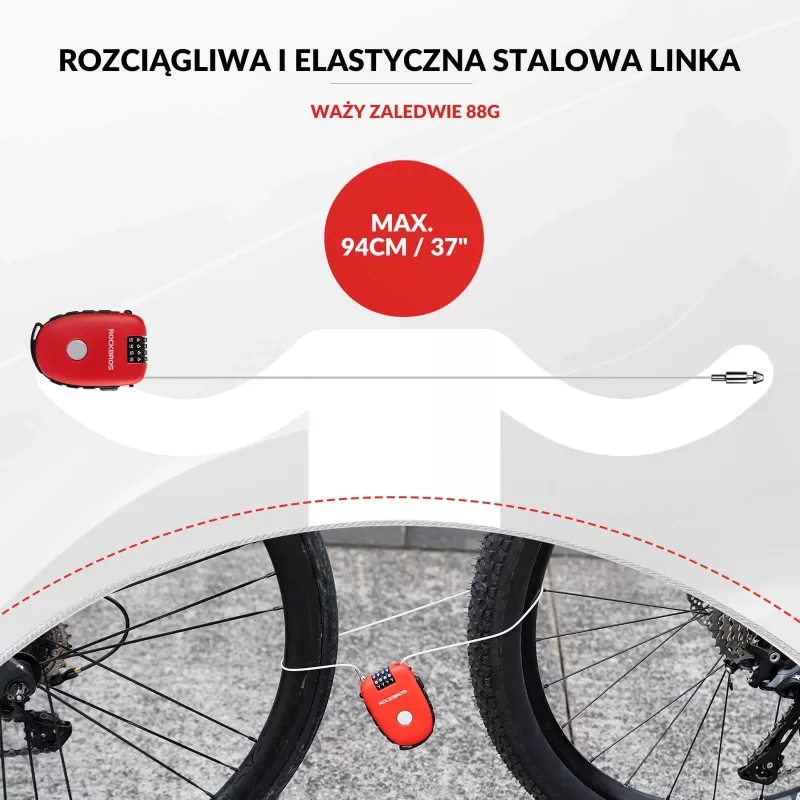 Rockbros Retractable Cable Lock 32420981001 červená - 3-miestny číselný zámok, 90 cm pletená oceľ