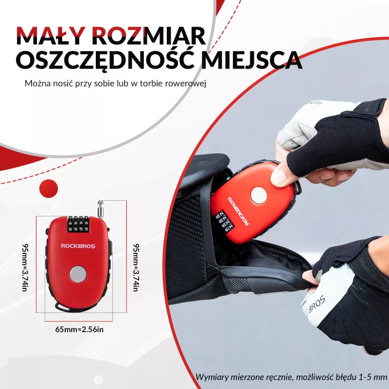 Rockbros Retractable Cable Lock 32420981001 červená - 3-miestny číselný zámok, 90 cm pletená oceľ