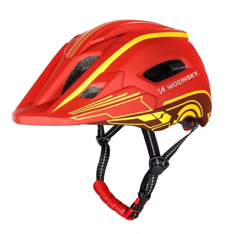 Wozinsky Full-Face detská cyklistická prilba s USB zadným svetlom, červeno-žltá, 52-56 cm