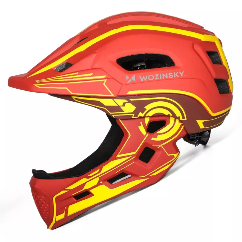 Wozinsky Full-Face detská cyklistická prilba s USB zadným svetlom, červeno-žltá, 52-56 cm