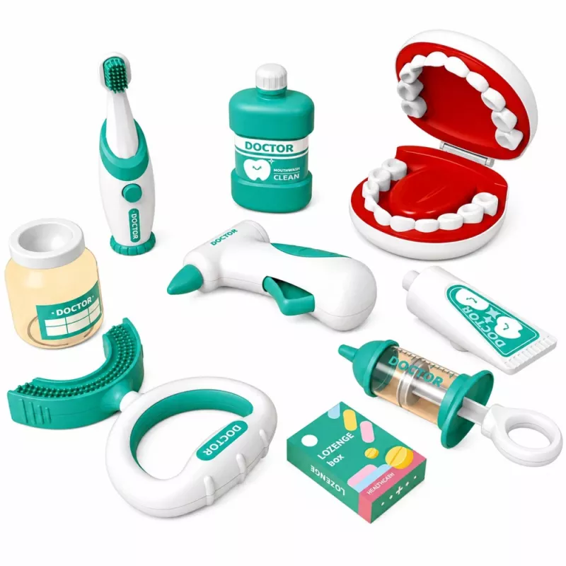 LEAN TOYS Malá zubárska súprava s vibrujúcou zubnou kefkou, modrá, 15 dielov