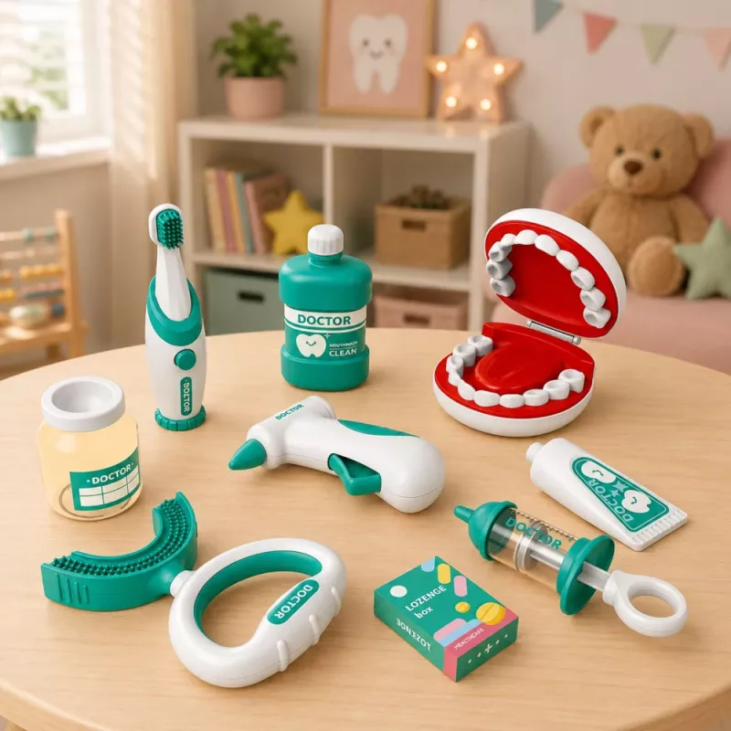 LEAN TOYS Malá zubárska súprava s vibrujúcou zubnou kefkou, modrá, 15 dielov