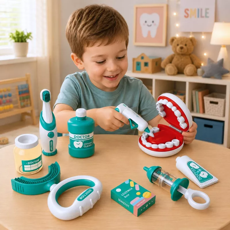 LEAN TOYS Malá zubárska súprava s vibrujúcou zubnou kefkou, modrá, 15 dielov