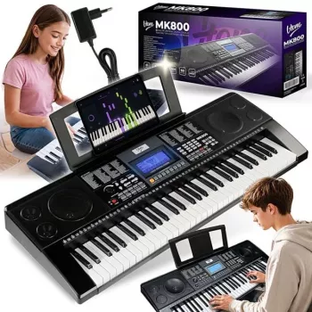 V-TONE MK800 prenosné vzdelávacie elektronické keyboard, 61 dynamických kláves, 300 zvukov, 300 rytmov, 40 demo skladieb, LCD displej, USB-MIDI, výstup na slúchadlá, vstup na mikrofón, vstup na sustain pedál, 2x5W reproduktory, čierny