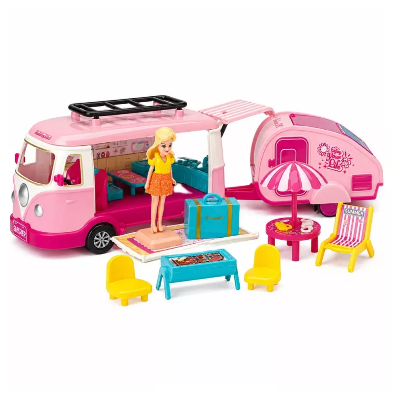 LEAN TOYS Cestovná sada karavan s prívesom nábytok pre bábiky doplnky ružová