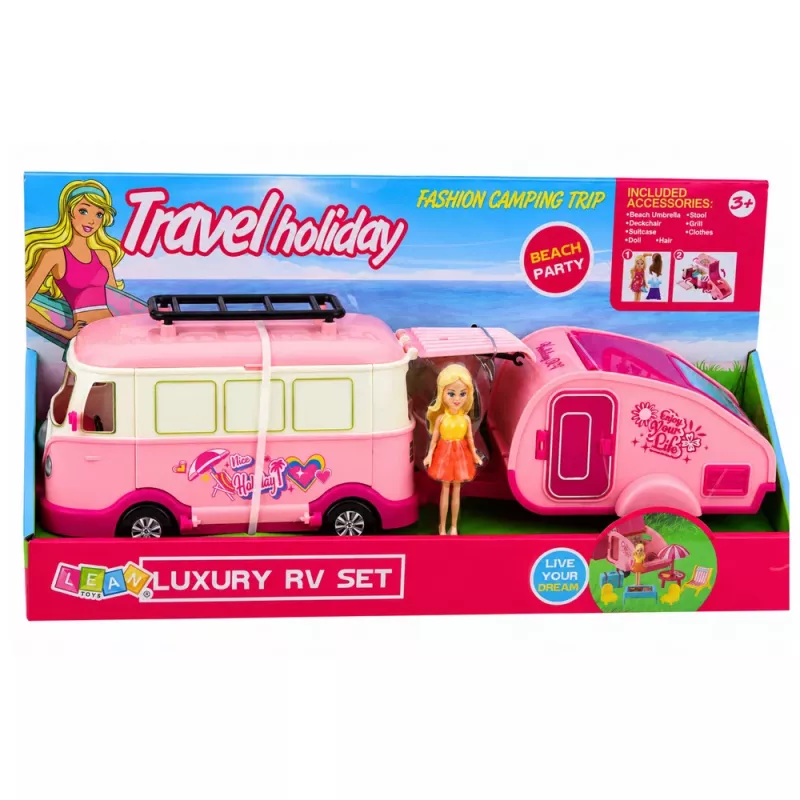 LEAN TOYS Cestovná sada karavan s prívesom nábytok pre bábiky doplnky ružová