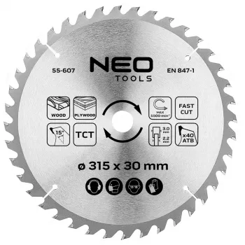 NEO TOOLS 315 mm TCT kotúč píly, 40 zubov, 30 mm otvor, rezanie dreva