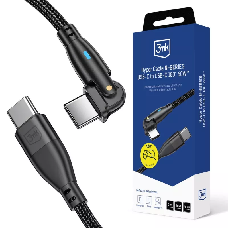 3MK Hyper Cable N-SERIES USB-C na USB-C 2m 20V/3A 60W čierna - otočný