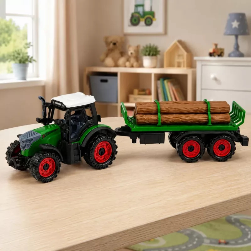 LEAN TOYS Poľnohospodársky traktor s dreveným prepravníkom, naťahovací motor, balíky, 35 cm