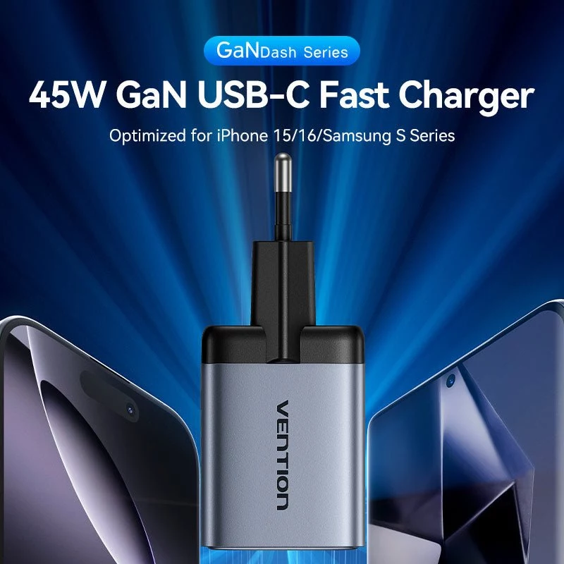 VENTION GaN 90W duálna USB-C nástenná nabíjačka (45W+45W) - čierna