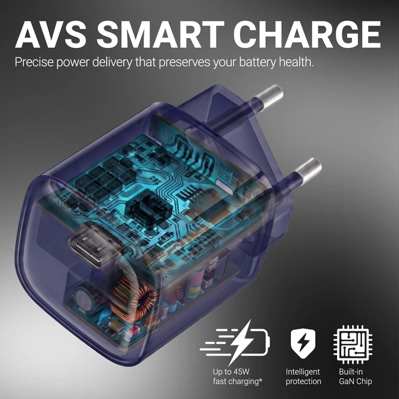 Crong NEO GaN 40W USB-C PD 3.2 nástenná nabíjačka s AVS - tmavomodrá