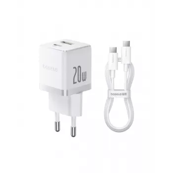 Baseus Palm 20W Nástenná nabíjačka, 1x USB-A + 1x USB-C, QC3.0/PD3.0, s USB-C káblom 1 m, biela (P10111608213-01)