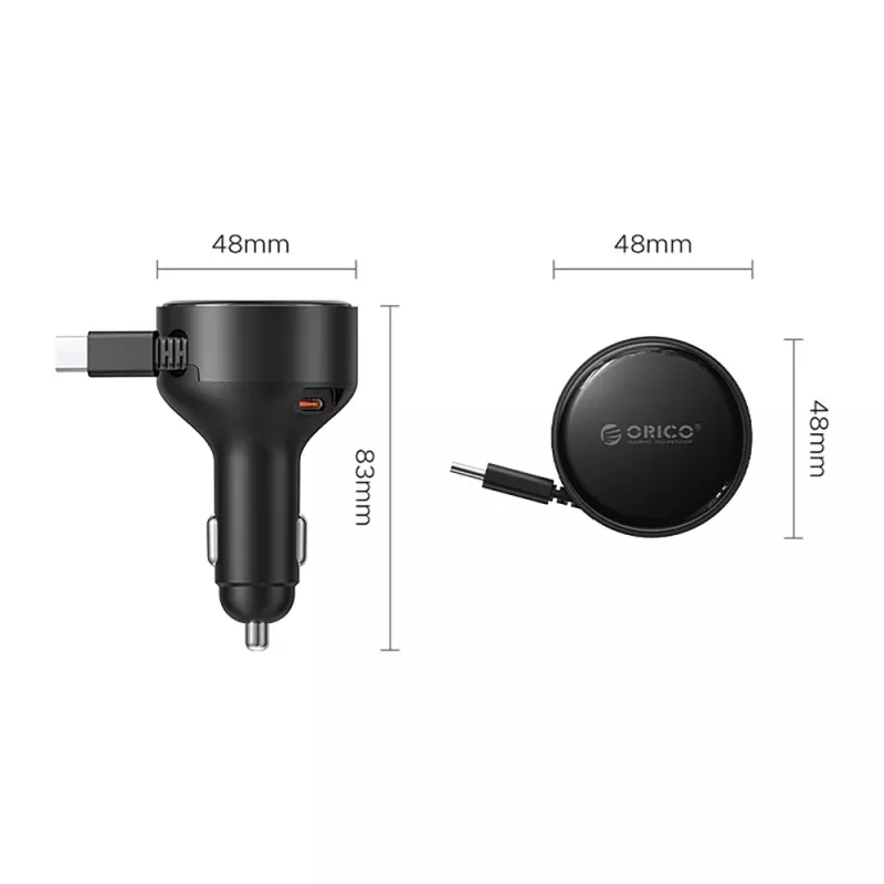 ORICO FC-60-2C 60W zvinovacia USB-C auto nabíjačka - čierna