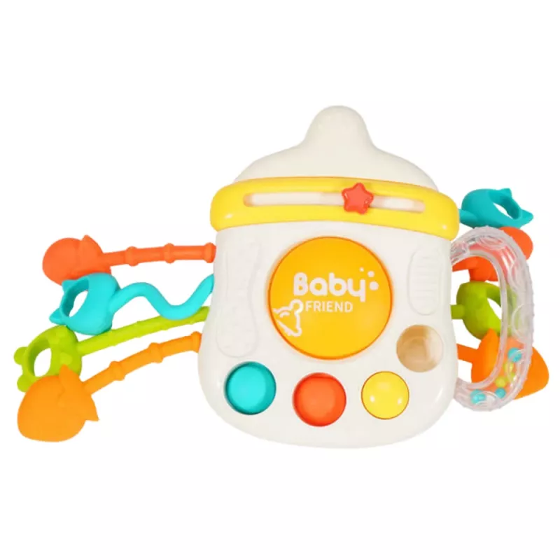 LEAN TOYS Zmyslová hračka hryzadlo hrkálka pre batoľatá fľaša 3v1