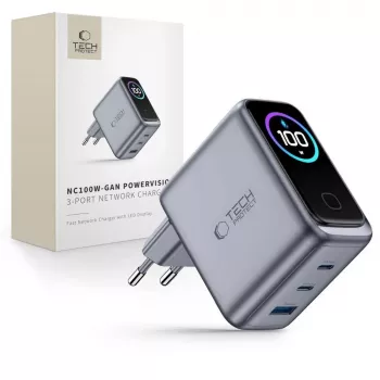 TECH-PROTECT PowerVision NC100W GaN 100W 3-portová nástenná nabíjačka USB-C PD & USB-A QC3.0 - tmavosivá