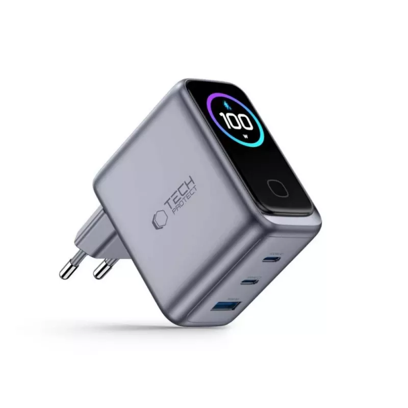 TECH-PROTECT PowerVision NC100W GaN 100W 3-portová nástenná nabíjačka USB-C PD & USB-A QC3.0 - tmavosivá