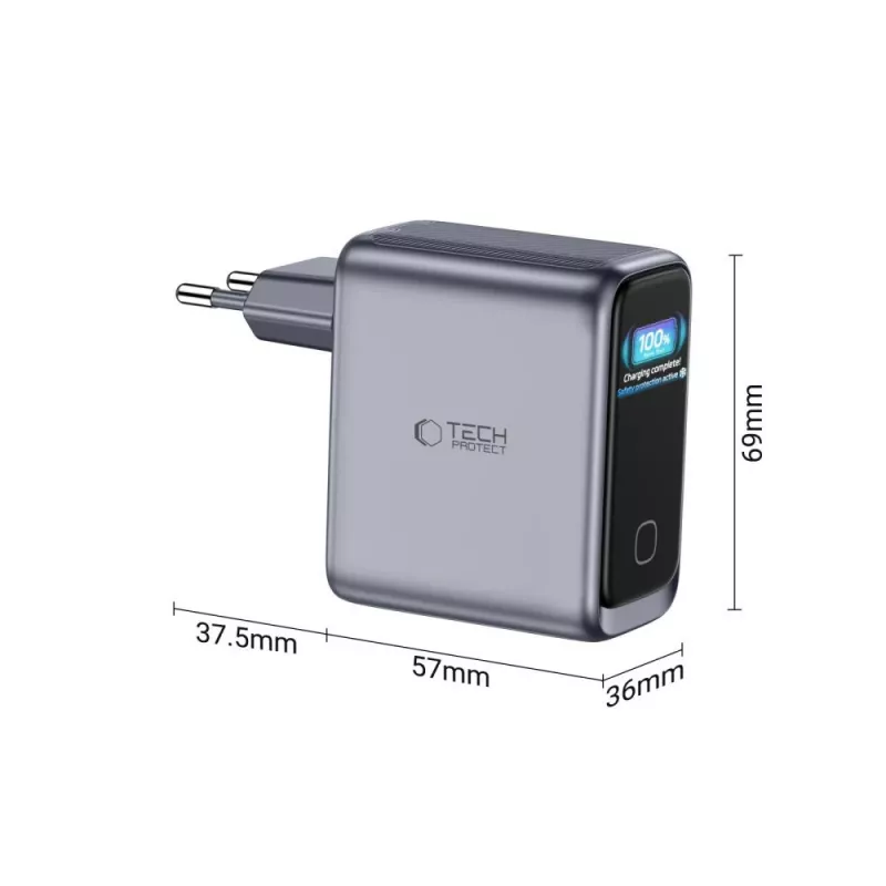 TECH-PROTECT PowerVision NC100W GaN 100W 3-portová nástenná nabíjačka USB-C PD & USB-A QC3.0 - tmavosivá