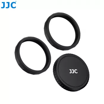JJC LRR-OA6K2 sada krytky objektívu a ozdobných krúžkov pre DJI Osmo Action 6 (čierna krytka, červené a modré krúžky)