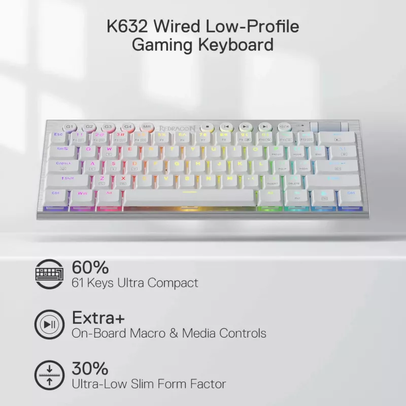 Redragon K632 HORUS Mini 60% RGB káblová herná klávesnica - biela