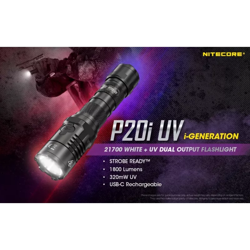 Nitecore NT-P20I-UV taktická baterka s UV svetlom, 1800 lúmenov, USB-C nabíjanie, IP68, čierna