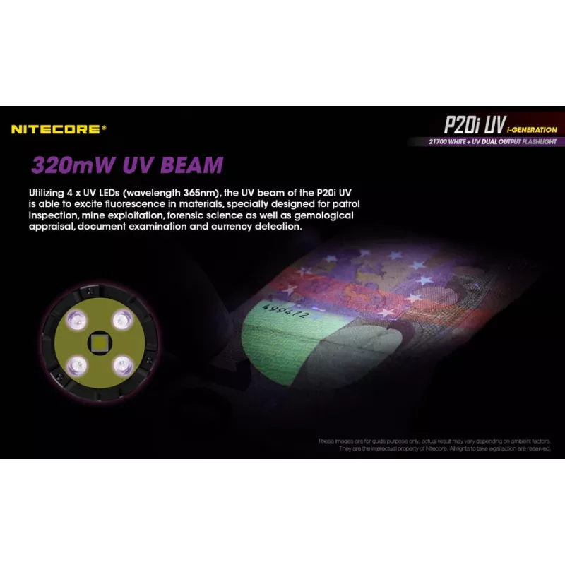 Nitecore NT-P20I-UV taktická baterka s UV svetlom, 1800 lúmenov, USB-C nabíjanie, IP68, čierna