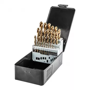 NEO TOOLS 25-dielna sada HSS-TiN špirálových vrtákov do kovu, 1,0–13,0 mm, DIN 338, 135° krížové brúsenie, kovová kazeta