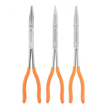 NEO TOOLS 01-293 sada klieští s dvojitým kĺbom, 3 diely, chróm-vanádiová oceľ, 280 mm, rovné, 45° a 90° zahnutý hrot, ergonomické protišmykové rukoväte